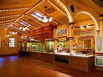 Marquee theatre curved lighting at Disney restaurant food court